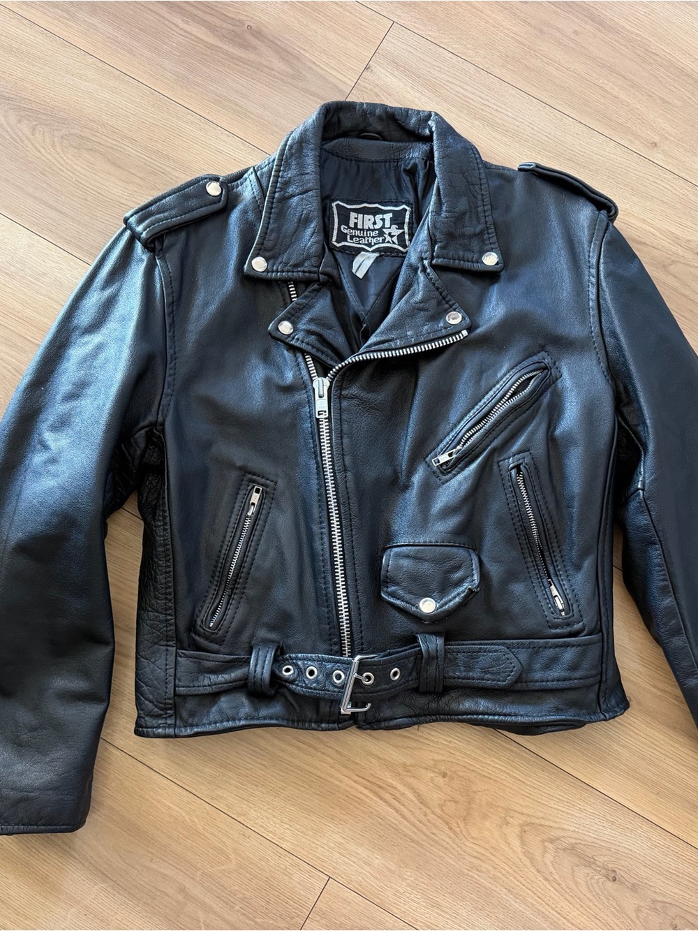 Vintage First Genuine Leather Biker Jacket with Belt